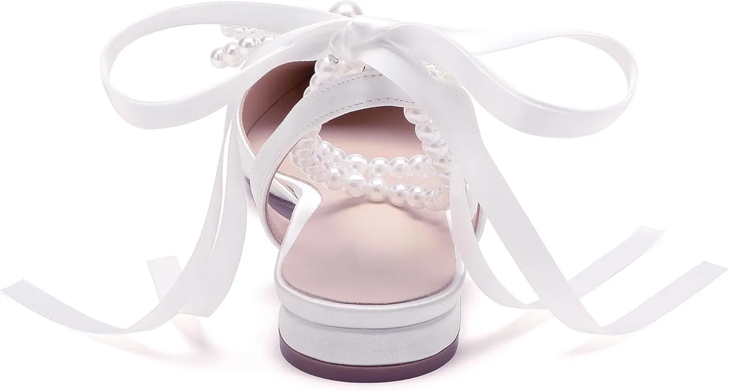 Women's Pearls Closed Toe Chunky Low Block Heel Ankle Strap Heeled Sandals Wedding Dress Shoes Pumps