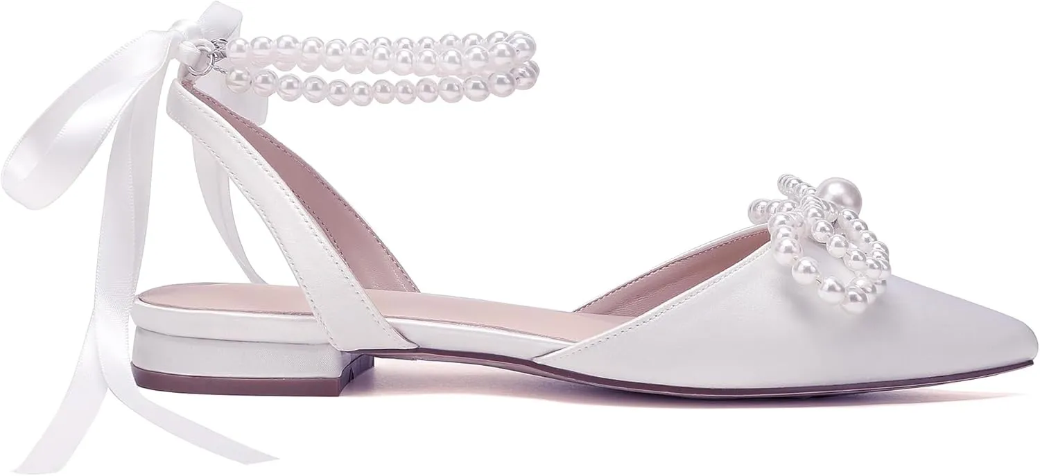 Women's Pearls Closed Toe Chunky Low Block Heel Ankle Strap Heeled Sandals Wedding Dress Shoes Pumps