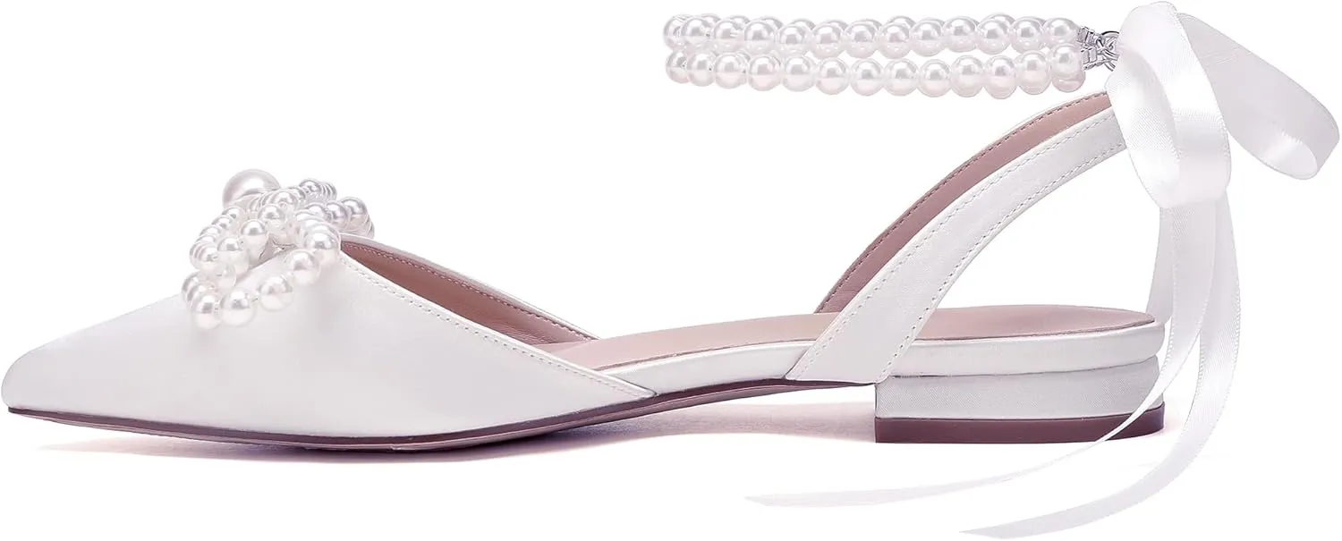 Women's Pearls Closed Toe Chunky Low Block Heel Ankle Strap Heeled Sandals Wedding Dress Shoes Pumps