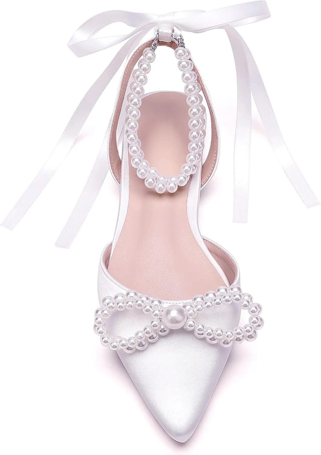 Women's Pearls Closed Toe Chunky Low Block Heel Ankle Strap Heeled Sandals Wedding Dress Shoes Pumps