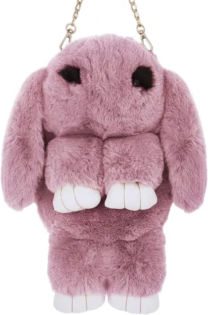 Womens' Plush Cartoon Rabbit Shaped Fluffy Crossbody Faux Fur Bunny Hare Shoulder Bag Knapsack Travel Sling Bag