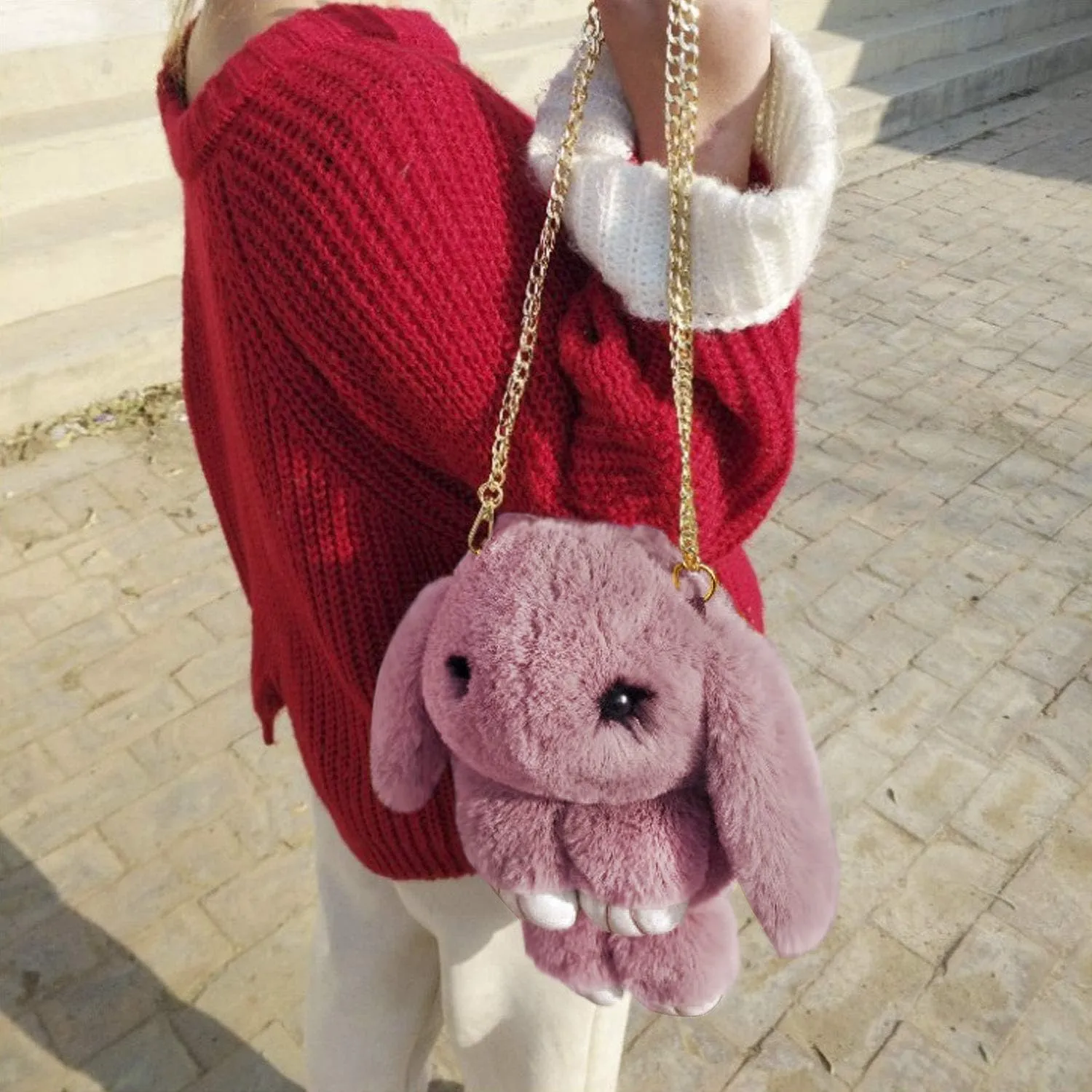 Womens' Plush Cartoon Rabbit Shaped Fluffy Crossbody Faux Fur Bunny Hare Shoulder Bag Knapsack Travel Sling Bag
