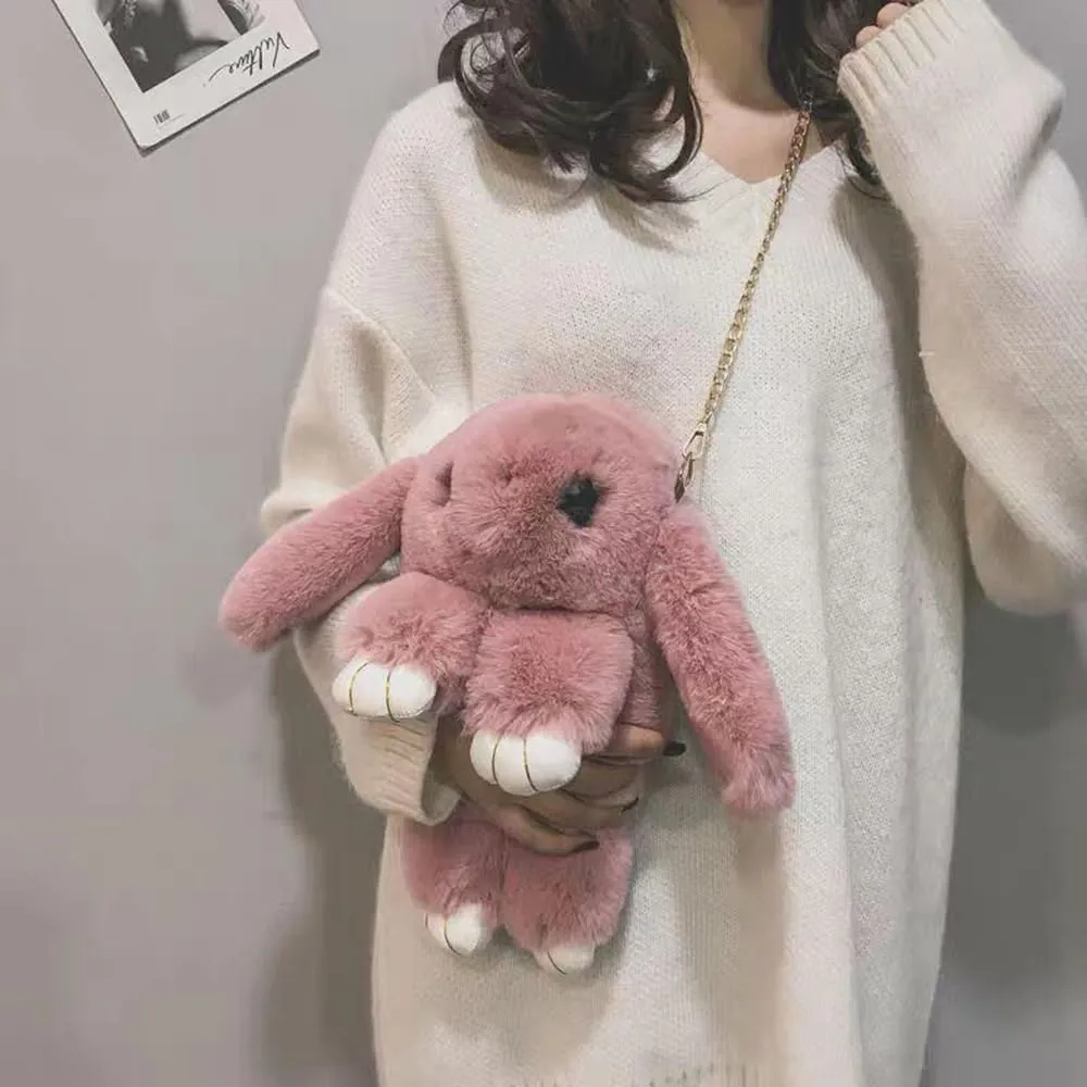 Womens' Plush Cartoon Rabbit Shaped Fluffy Crossbody Faux Fur Bunny Hare Shoulder Bag Knapsack Travel Sling Bag