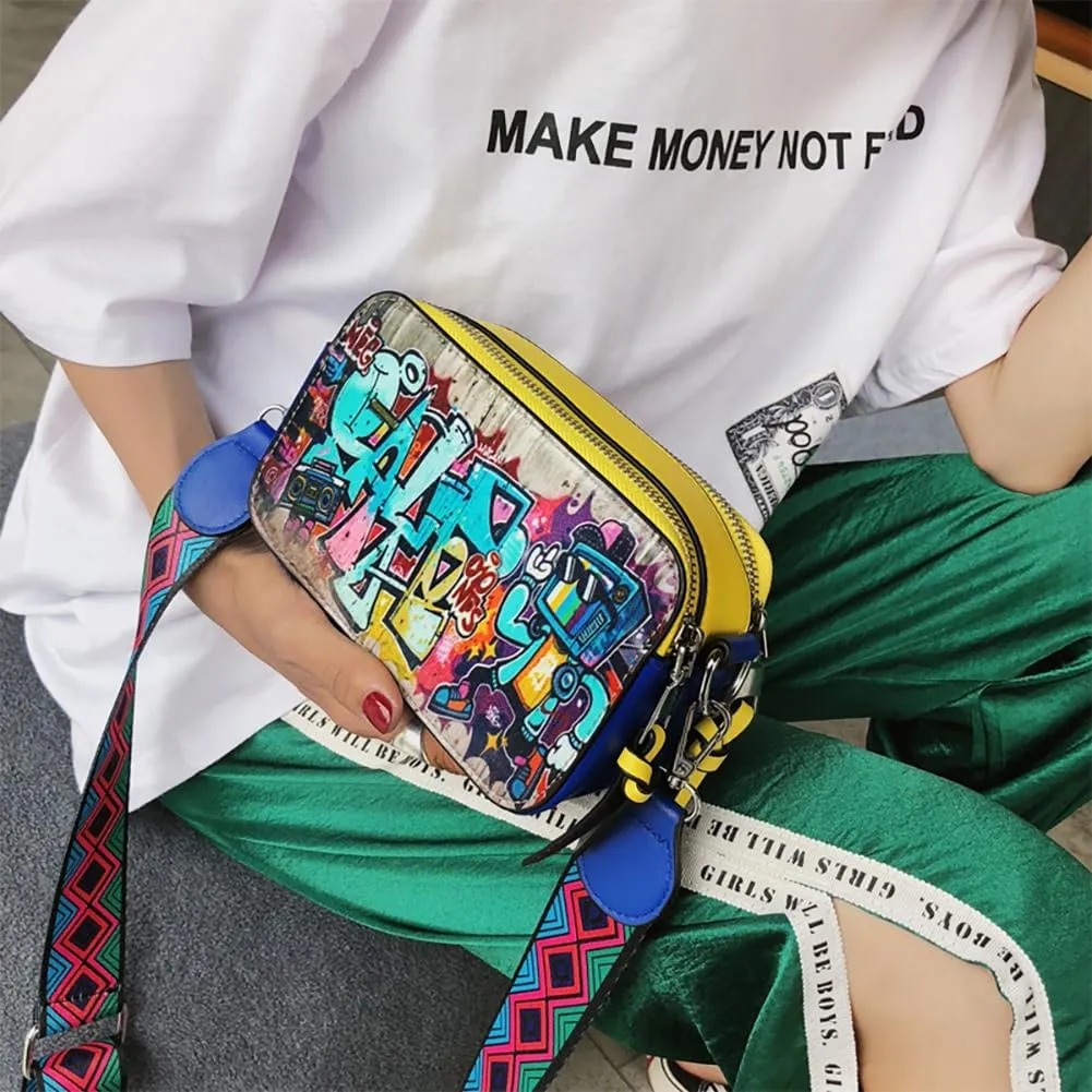 Women's Printed Graffiti Shoulder Bag, PU Hip Hop Fashion Square Crossbody Bag, Retro Casual Multicolor Clutch Purse