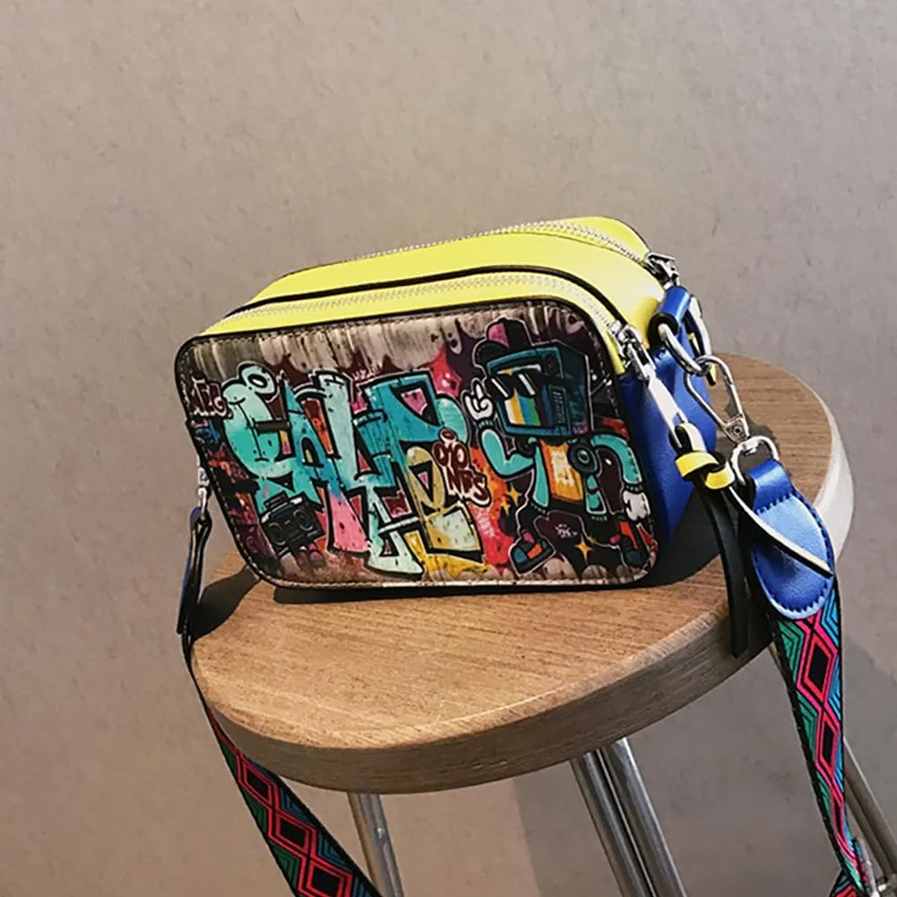 Women's Printed Graffiti Shoulder Bag, PU Hip Hop Fashion Square Crossbody Bag, Retro Casual Multicolor Clutch Purse