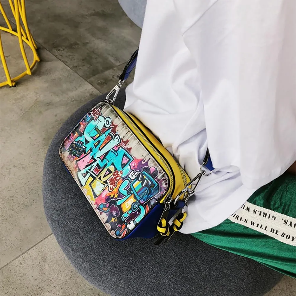 Women's Printed Graffiti Shoulder Bag, PU Hip Hop Fashion Square Crossbody Bag, Retro Casual Multicolor Clutch Purse