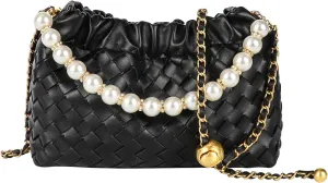 Womens PU Leather Woven Dumpling Purse with Pearl Chain, Crossbody Bag Evening Clutch for Wedding Party Prom