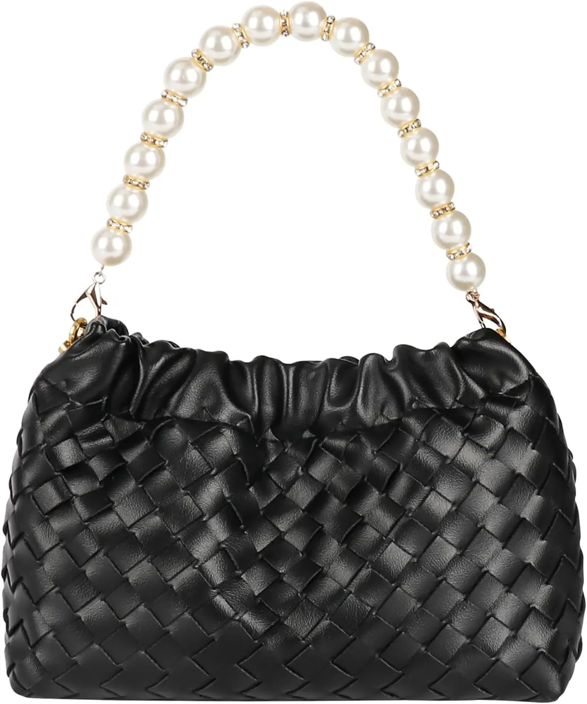 Womens PU Leather Woven Dumpling Purse with Pearl Chain, Crossbody Bag Evening Clutch for Wedding Party Prom