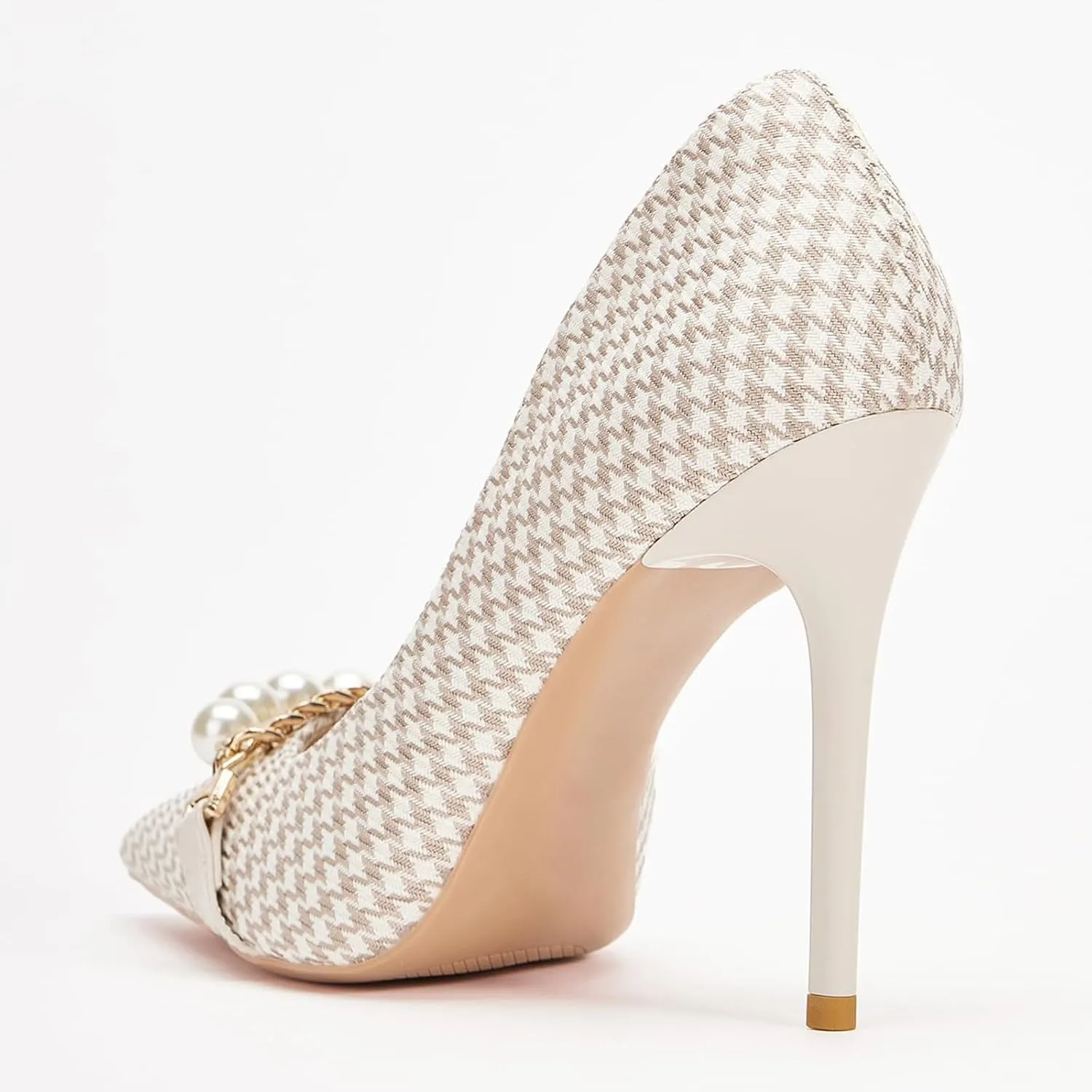 Womens Pumps Shoes High Heels Stiletto Pointed Closed Toe D'Orsay Elegant Houndstooth Pattern Design with Pearls Chain Dress Party Wedding Classic Work Heels for Ladies