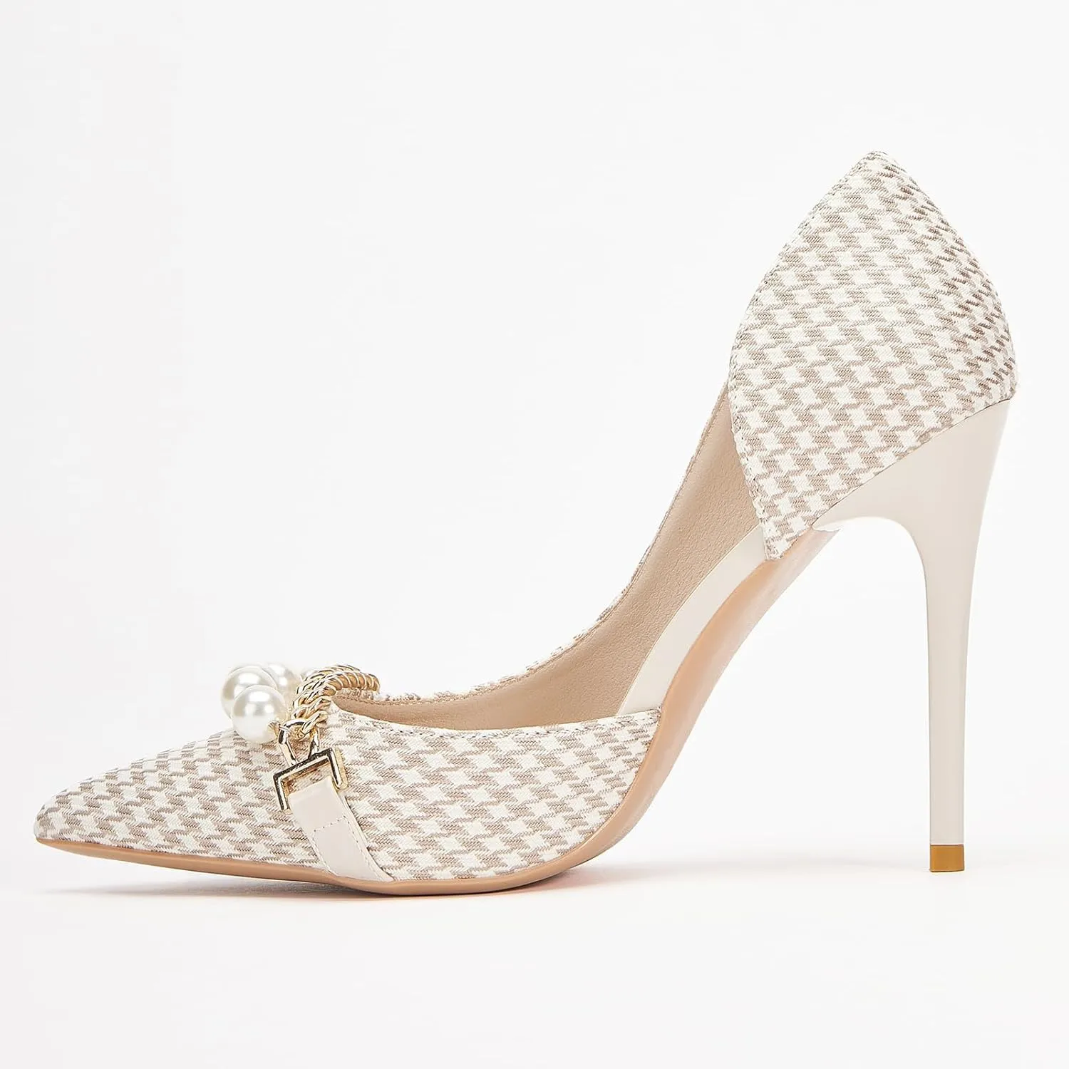 Womens Pumps Shoes High Heels Stiletto Pointed Closed Toe D'Orsay Elegant Houndstooth Pattern Design with Pearls Chain Dress Party Wedding Classic Work Heels for Ladies