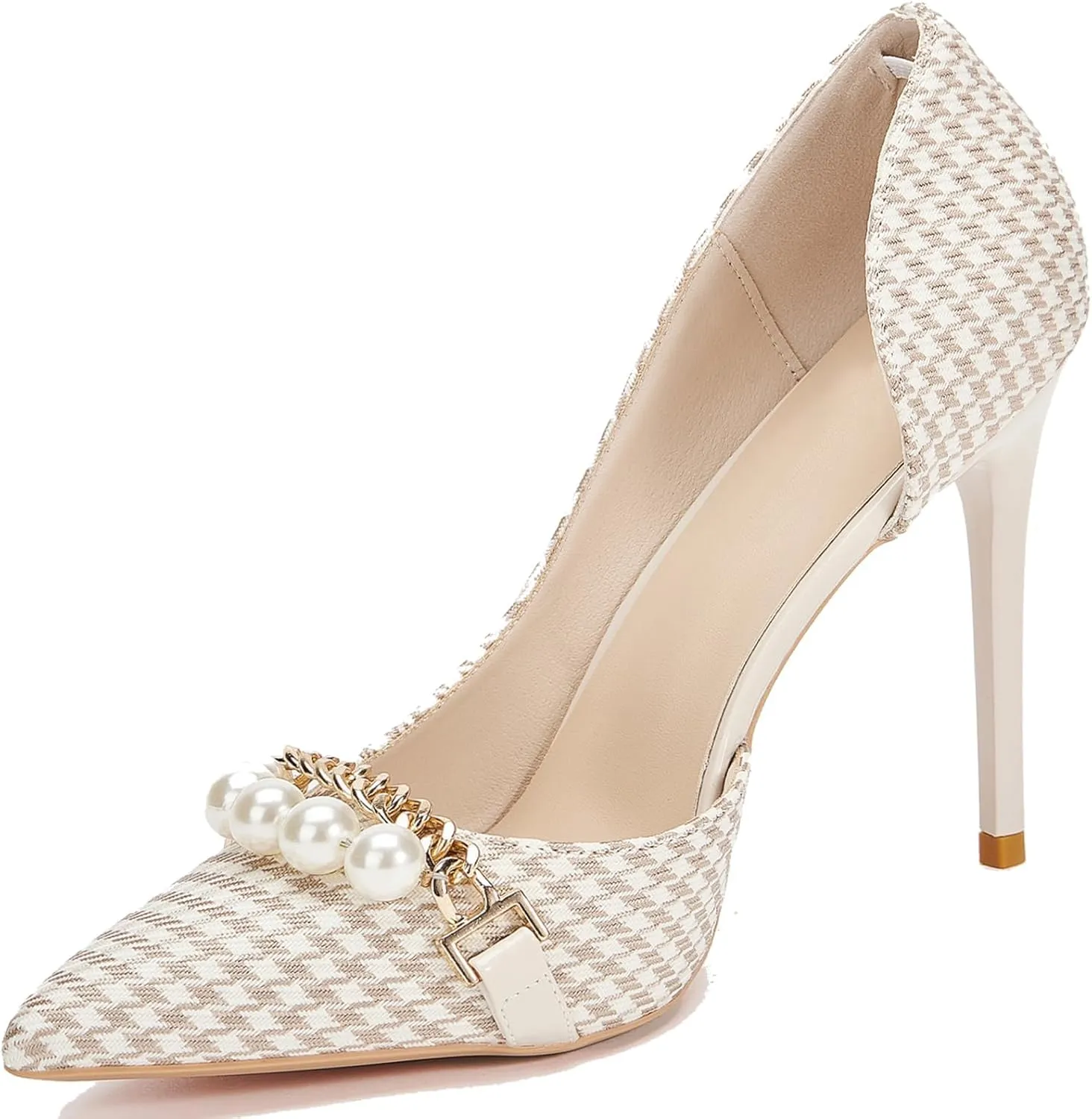 Womens Pumps Shoes High Heels Stiletto Pointed Closed Toe D'Orsay Elegant Houndstooth Pattern Design with Pearls Chain Dress Party Wedding Classic Work Heels for Ladies