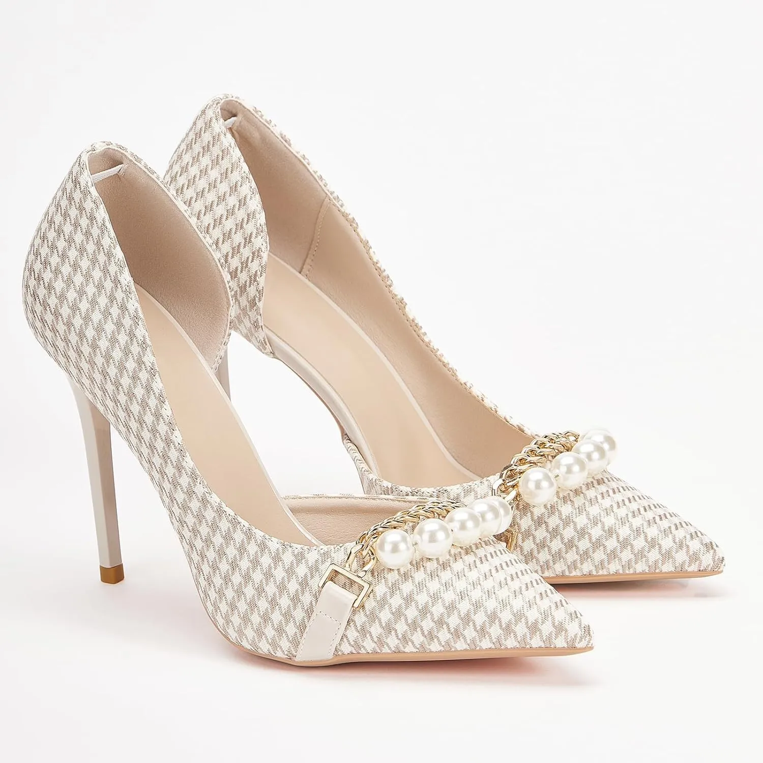 Womens Pumps Shoes High Heels Stiletto Pointed Closed Toe D'Orsay Elegant Houndstooth Pattern Design with Pearls Chain Dress Party Wedding Classic Work Heels for Ladies