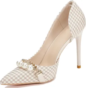 Womens Pumps Shoes High Heels Stiletto Pointed Closed Toe D'Orsay Elegant Houndstooth Pattern Design with Pearls Chain Dress Party Wedding Classic Work Heels for Ladies