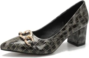 Women's Sexy Leopard Print Pointed Toe Metal Chain Pumps Shoes Low Chunky Block Slip On Patent Leather Heels for Women Wedding Daily Party Dress Shoes 2.36 Inch