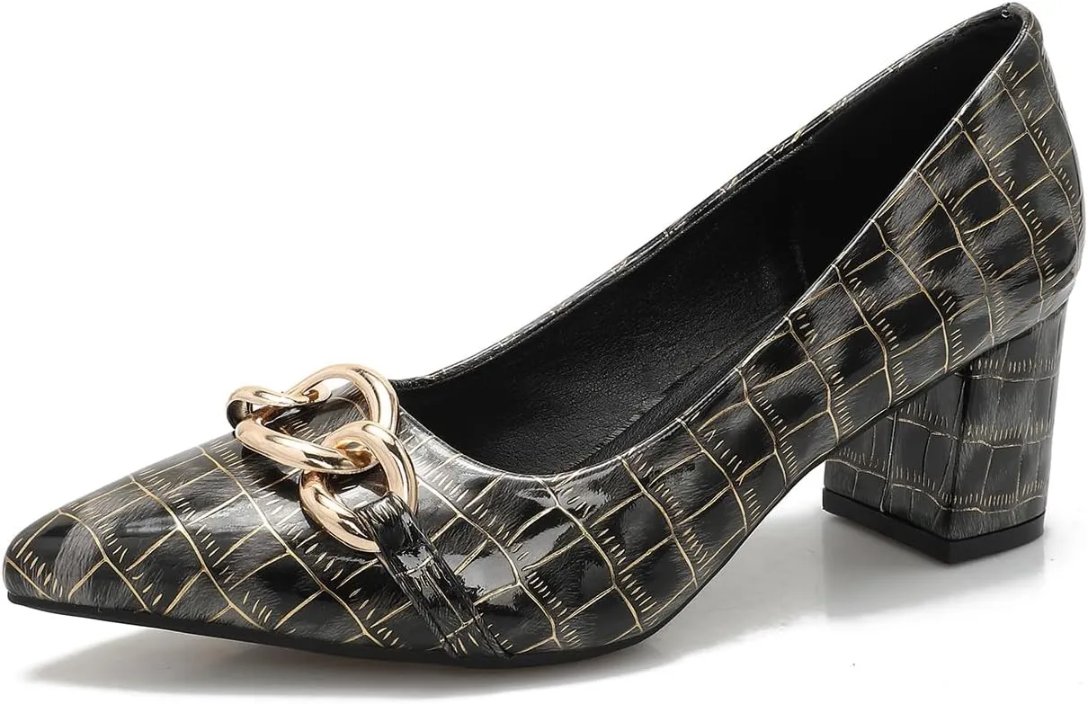 Women's Sexy Leopard Print Pointed Toe Metal Chain Pumps Shoes Low Chunky Block Slip On Patent Leather Heels for Women Wedding Daily Party Dress Shoes 2.36 Inch