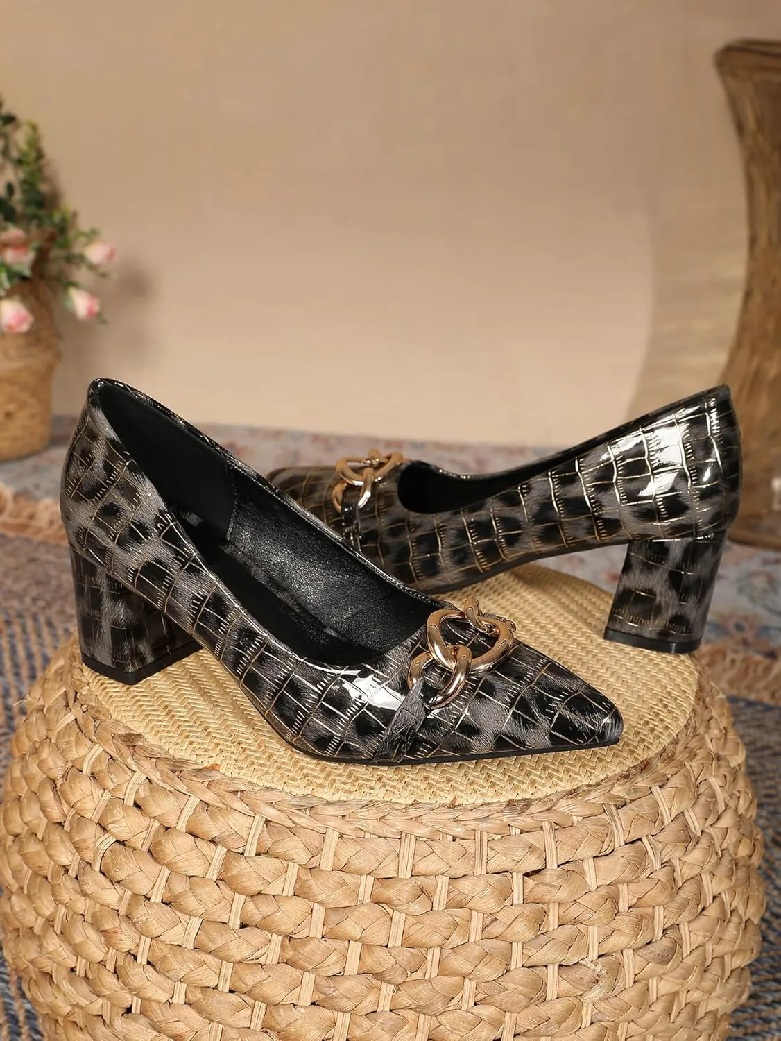 Women's Sexy Leopard Print Pointed Toe Metal Chain Pumps Shoes Low Chunky Block Slip On Patent Leather Heels for Women Wedding Daily Party Dress Shoes 2.36 Inch