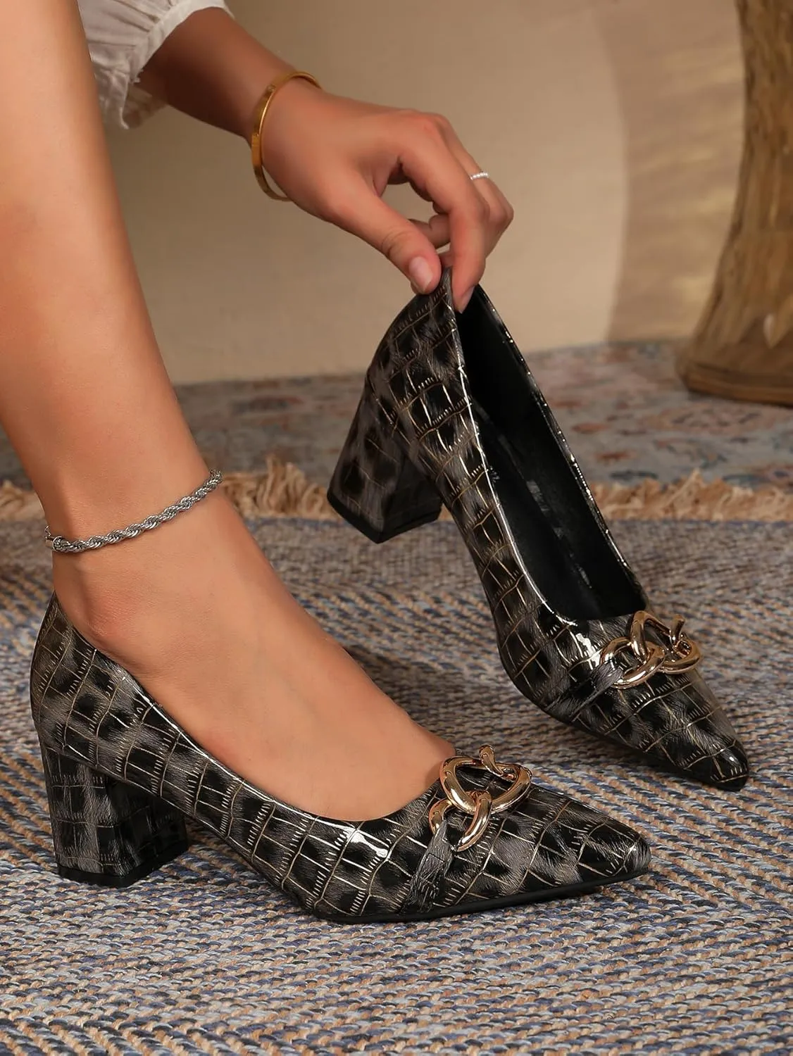 Women's Sexy Leopard Print Pointed Toe Metal Chain Pumps Shoes Low Chunky Block Slip On Patent Leather Heels for Women Wedding Daily Party Dress Shoes 2.36 Inch