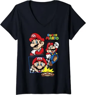 Womens Super Mario Goomba And Mario Portrait Collage V-Neck T-Shirt