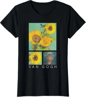 Womens Van Gogh Sunflowers Painting Collage with Self-Portrait T-Shirt