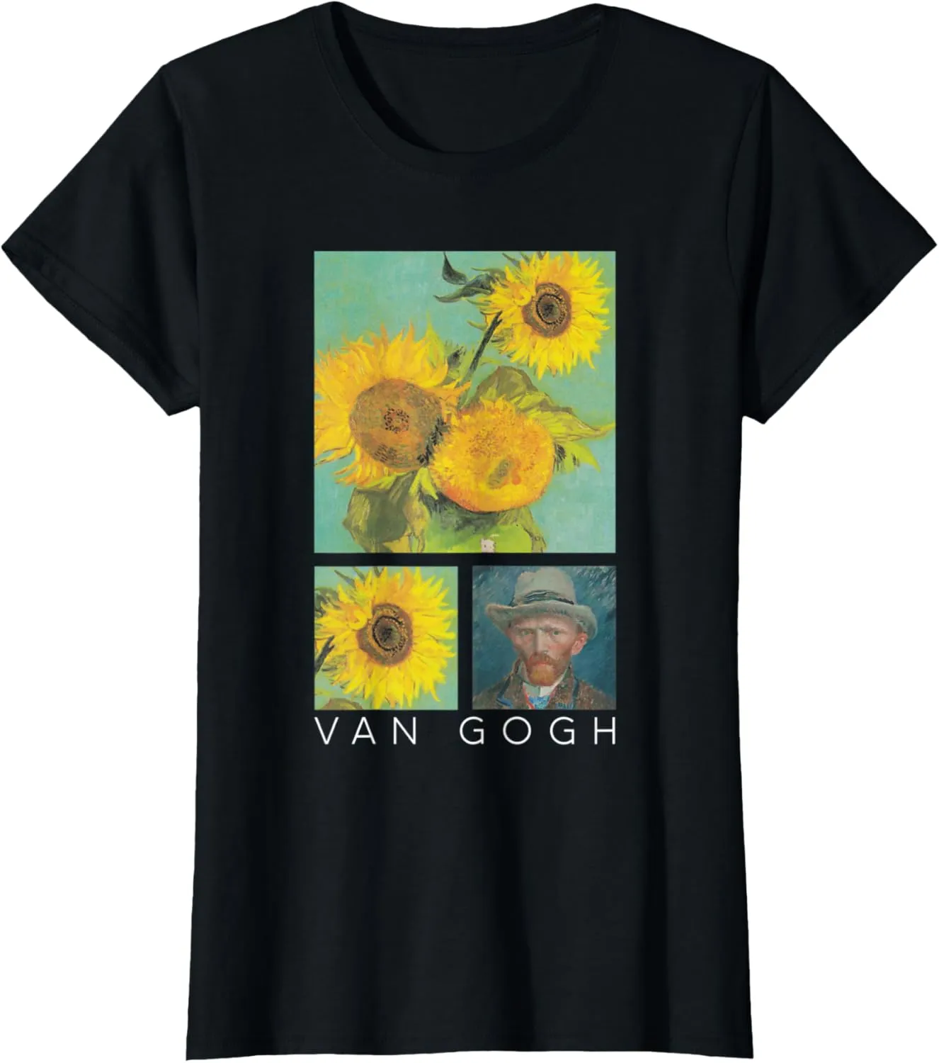 Womens Van Gogh Sunflowers Painting Collage with Self-Portrait T-Shirt