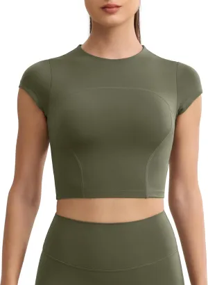 Workout Crop Tops for Women Yoga Short Sleeve Mild Support Slim Fit Cropped Athletic Shirts Gym Tee Built in Bra
