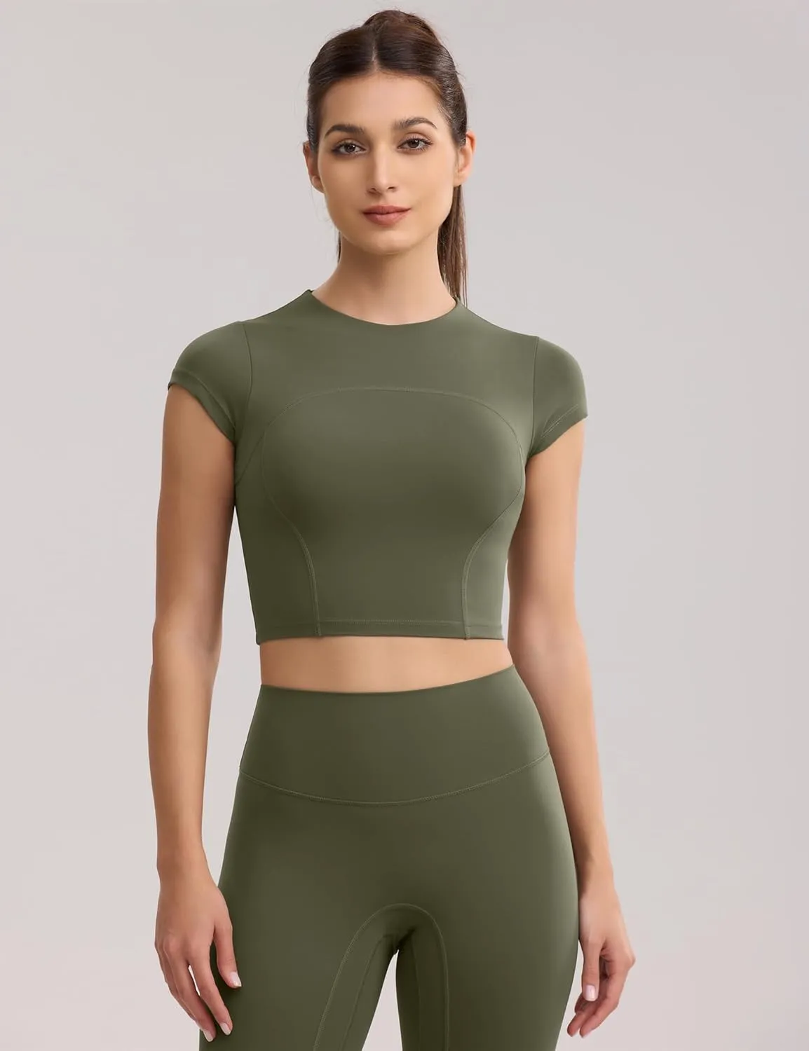 Workout Crop Tops for Women Yoga Short Sleeve Mild Support Slim Fit Cropped Athletic Shirts Gym Tee Built in Bra