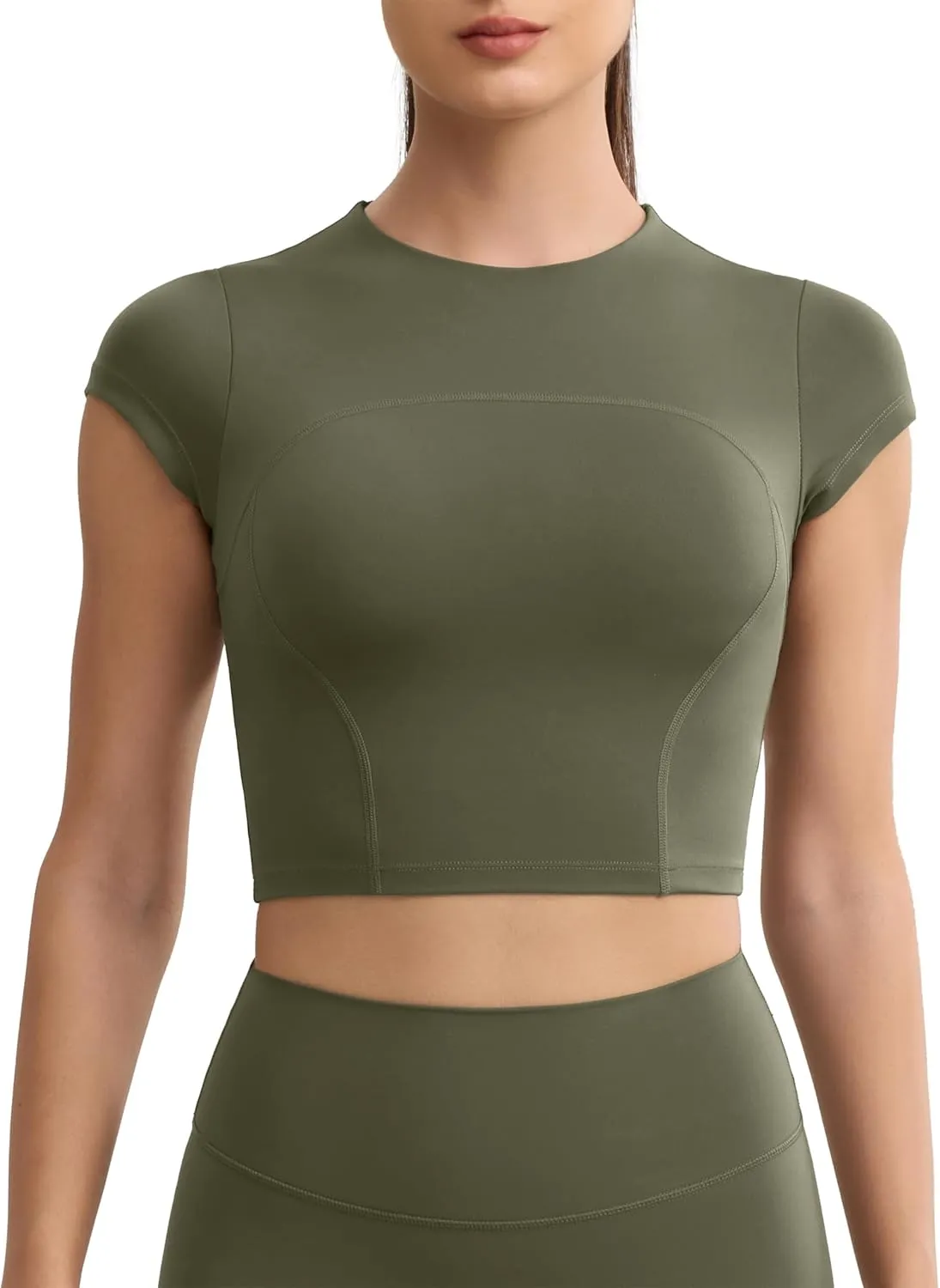 Workout Crop Tops for Women Yoga Short Sleeve Mild Support Slim Fit Cropped Athletic Shirts Gym Tee Built in Bra