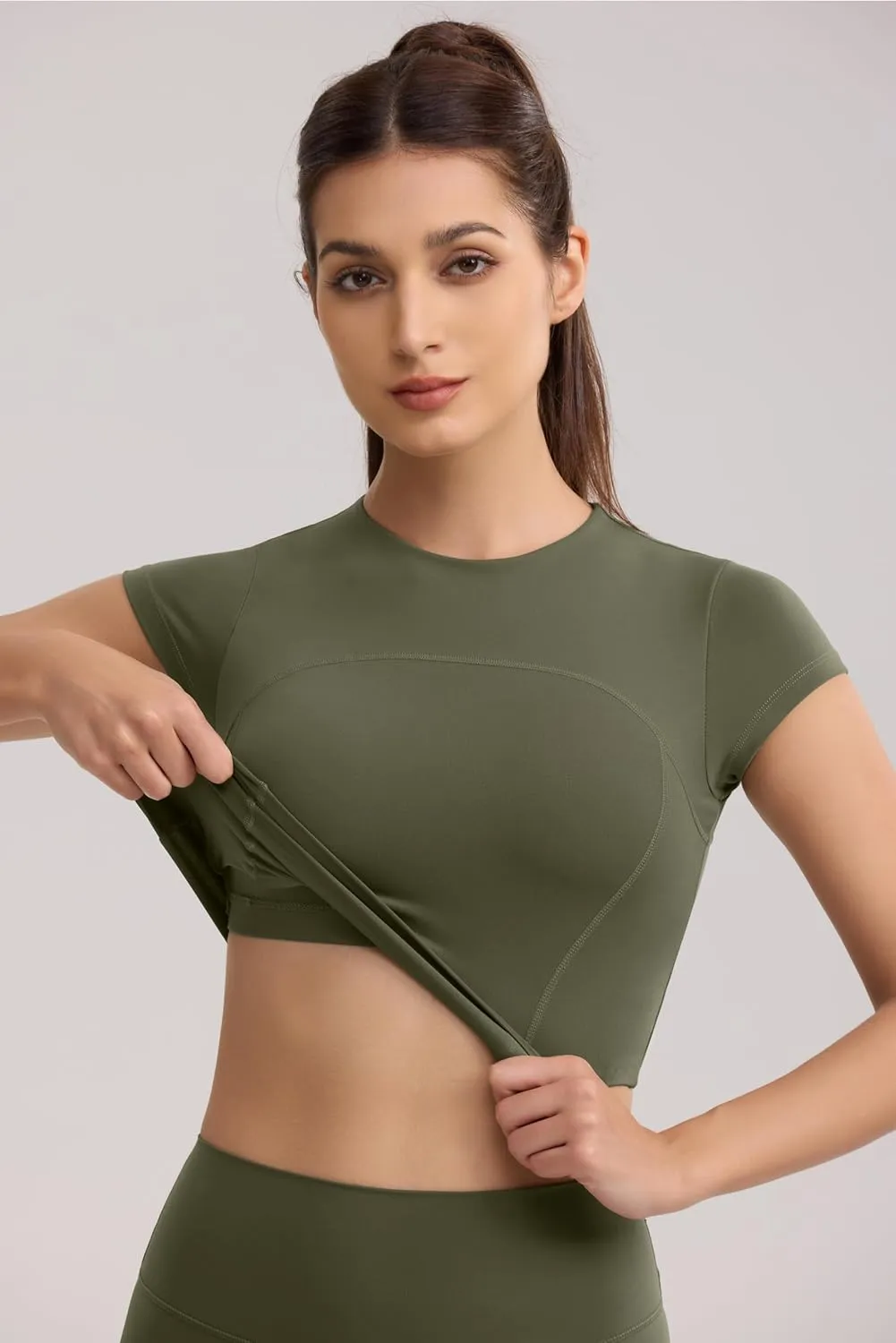 Workout Crop Tops for Women Yoga Short Sleeve Mild Support Slim Fit Cropped Athletic Shirts Gym Tee Built in Bra