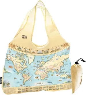 World Map Nylon Pouch Tote Bag with Handles – Reusable, Eco-Friendly Shopping Bag – Washable, Foldable, Heavy-Duty, 18" x 25"