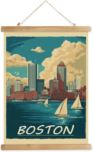 WREVERW Vintage Boston Poster Canvas Print with Wooden Hanger Frame, Featuring Sailboats and Iconic Prudential Tower, Wall Art for Home and Office Decor, 16x23 inches