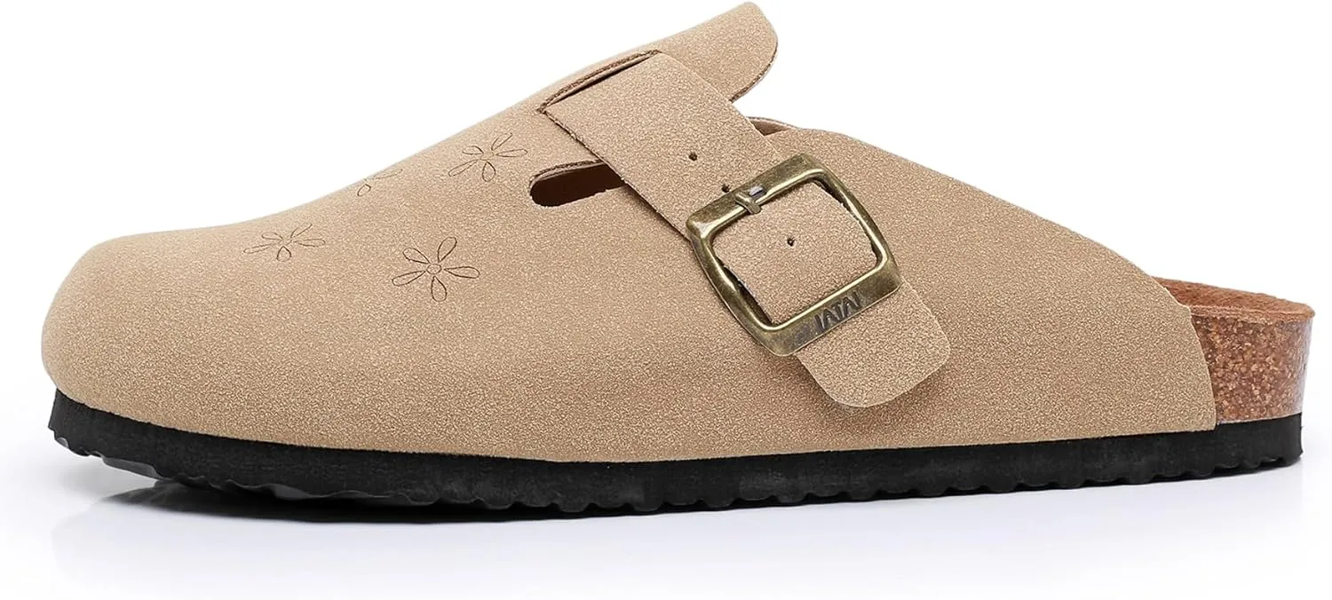 WTW Womens Clogs Cow Suede Soft Footbed Mules Unisex for Men Women Cork Clog Antislip Sole Slippers Mules Sandals with Adjustable Buckle