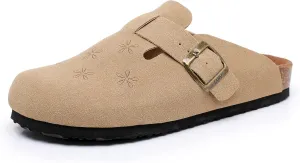 WTW Womens Clogs Cow Suede Soft Footbed Mules Unisex for Men Women Cork Clog Antislip Sole Slippers Mules Sandals with Adjustable Buckle