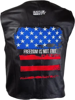 Xelement HSVT 210 Hustler US Flag Motorcycle Leather Vest For Men - Freedom is Not Free - Premium Genuine Biker Club Gilet