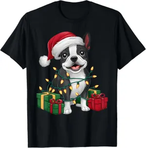 Xmas Lighting Santa Hat Boston Terrier Dog Christmas T-Shirt