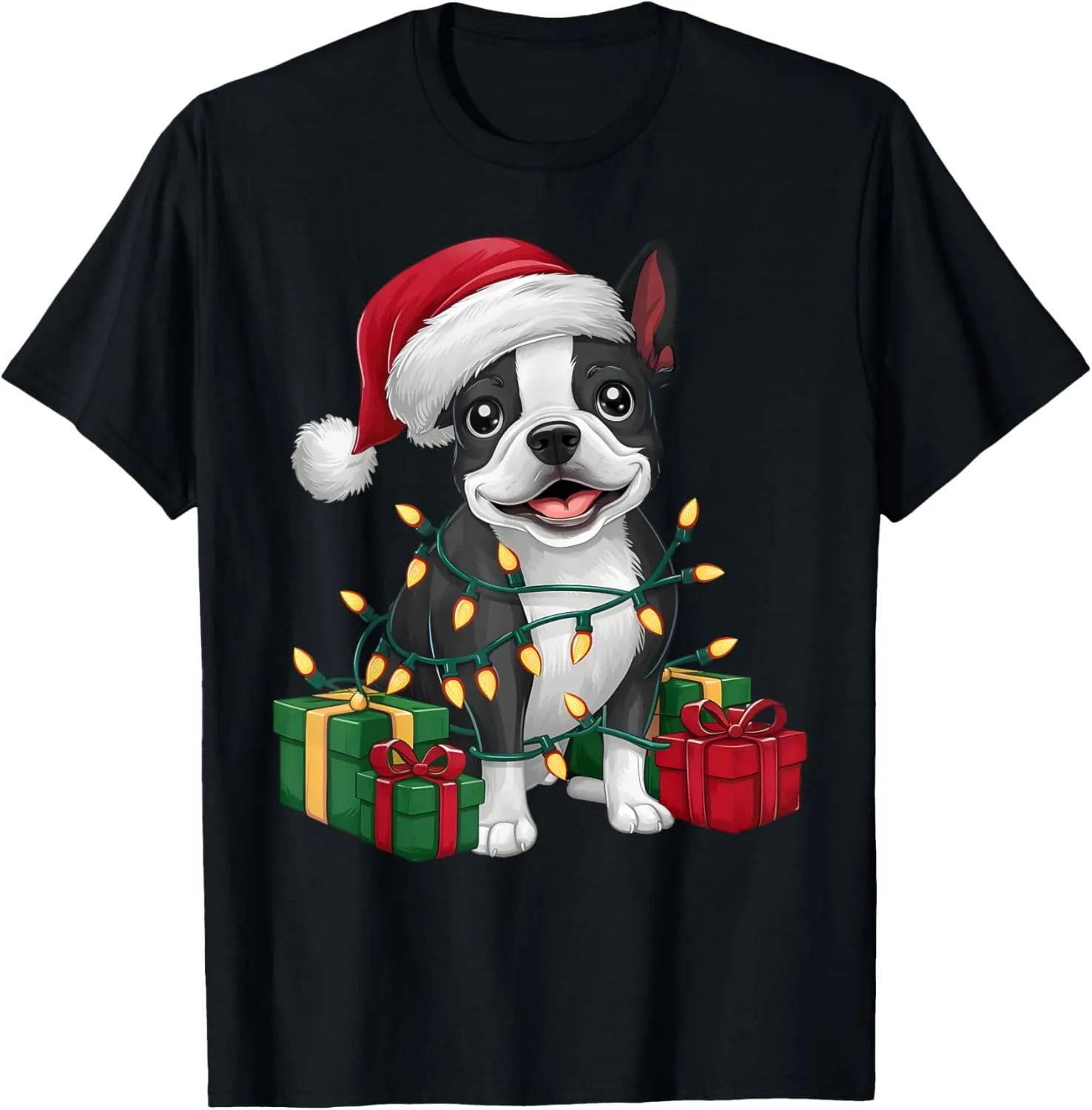 Xmas Lighting Santa Hat Boston Terrier Dog Christmas T-Shirt