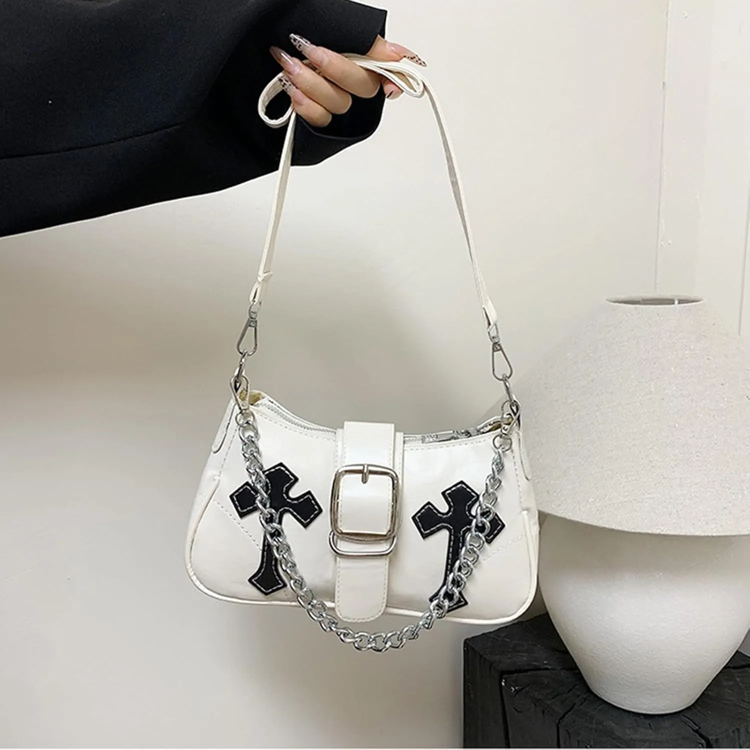 Y2K Shoulde Bag for Women,Vintage Punk Cross Pattern PU Leather Purse Small Gothic Underarm Handbags