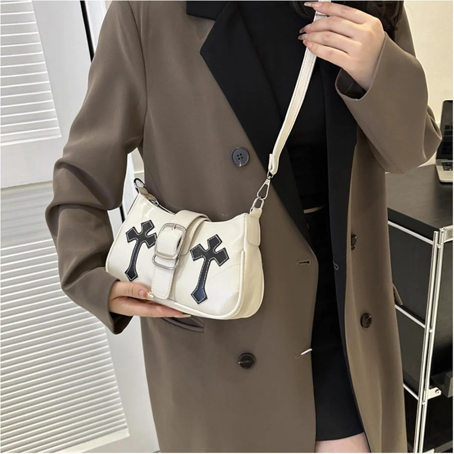 Y2K Shoulde Bag for Women,Vintage Punk Cross Pattern PU Leather Purse Small Gothic Underarm Handbags