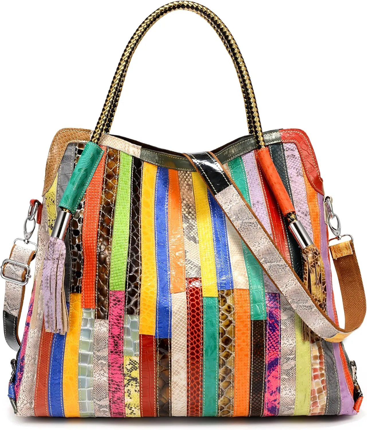 YALUXE Tote Bags for Women Genuine Leather Large Colorful Handbag Purse Shoulder Bag Multicolored Patchwork
