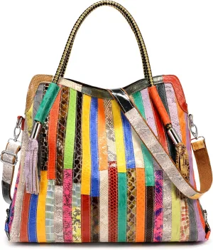 YALUXE Tote Bags for Women Genuine Leather Large Colorful Handbag Purse Shoulder Bag Multicolored Patchwork