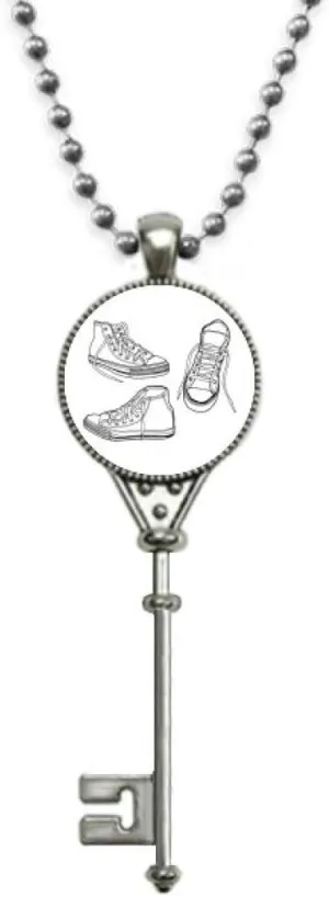 YaoX Hand Painted White Canvas Shoes Pendant Vintage Necklace Silver Key Jewelry