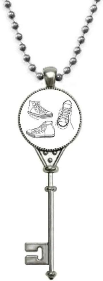 YaoX Hand Painted White Canvas Shoes Pendant Vintage Necklace Silver Key Jewelry