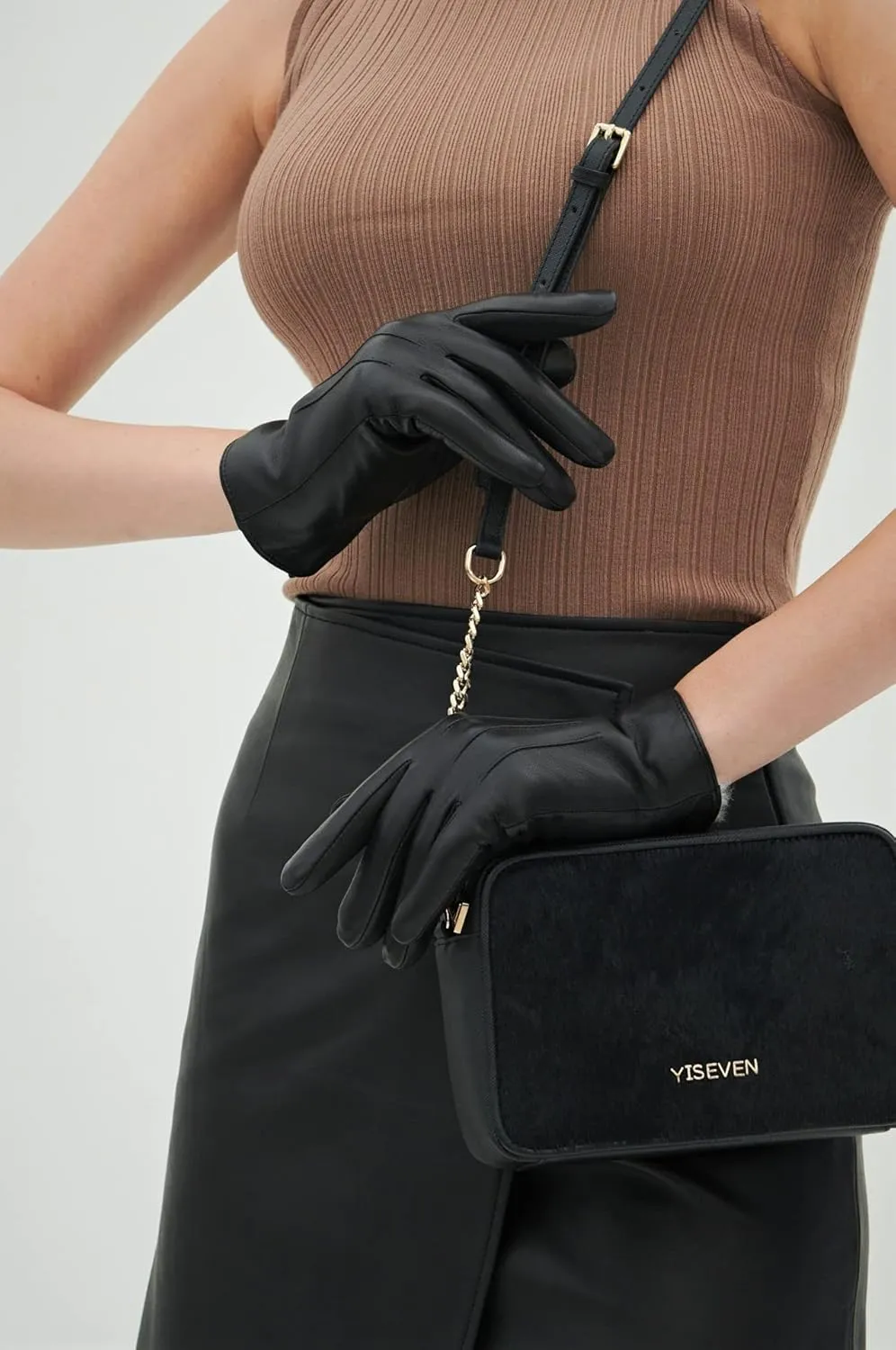 YISEVEN Women's Winter Genuine Leather Gloves Touchscreen Three Points