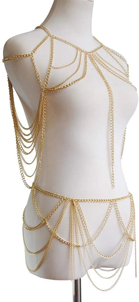 Yixin Women's metal body chain set Indian belly chain Bohemian jewelry bikini Halloween Costume Party (gold)