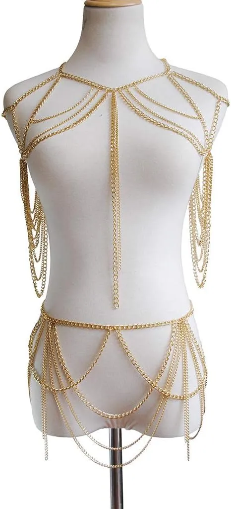 Yixin Women's metal body chain set Indian belly chain Bohemian jewelry bikini Halloween Costume Party (gold)