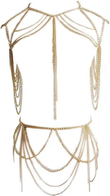 Yixin Women's metal body chain set Indian belly chain Bohemian jewelry bikini Halloween Costume Party (gold)