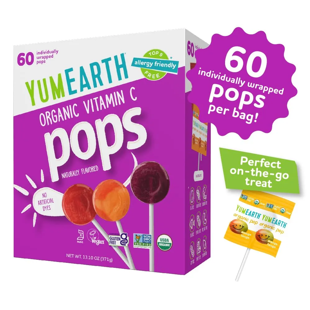 YumEarth Organic Vitamin C Pops Variety Pack, 60 Fruit Flavored Favorites Lollipops, Allergy Friendly, Gluten Free, Non-GMO, Vegan, No Artificial Flavors or Dyes