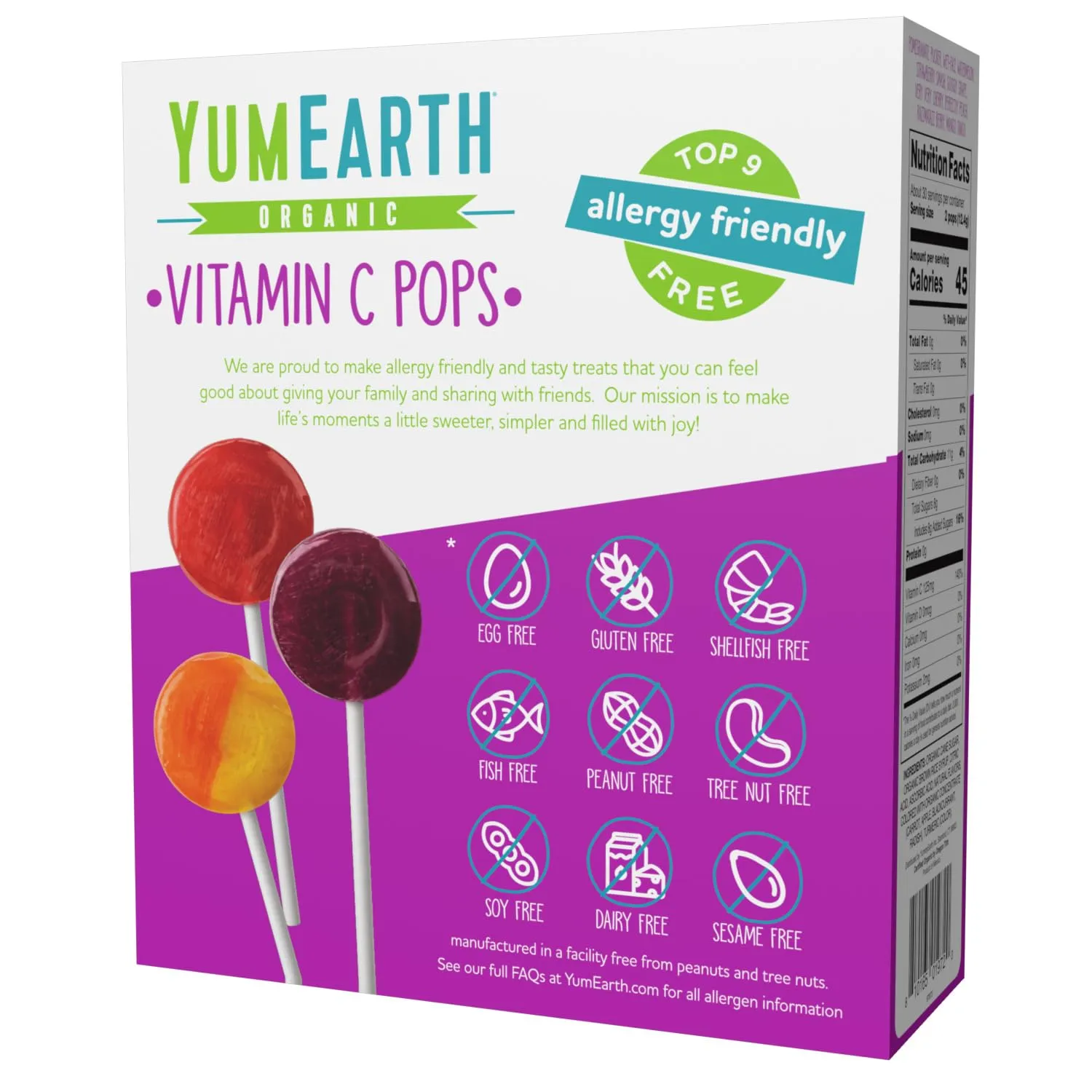 YumEarth Organic Vitamin C Pops Variety Pack, 60 Fruit Flavored Favorites Lollipops, Allergy Friendly, Gluten Free, Non-GMO, Vegan, No Artificial Flavors or Dyes