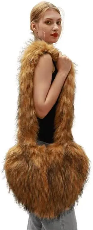 YXCFEWD Furry Heart Shaped Crossbody Bag for Women - Plush Y2K Handbag with Soft Shoulder Strap