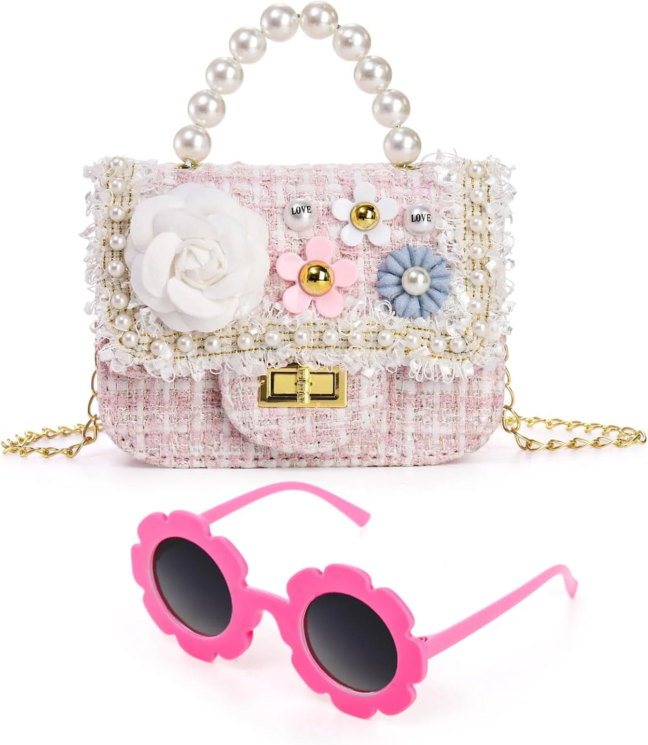 ZEAYEA Girls Purse with Sunglasses, Mini Cute Princess Handbags with Pearl Flowers, Small Shoulder Chain Bag and Sunglasses for Girls Christmas Easter Birthday Gift