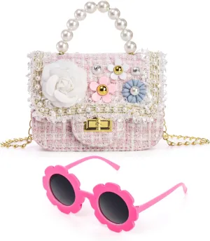 ZEAYEA Girls Purse with Sunglasses, Mini Cute Princess Handbags with Pearl Flowers, Small Shoulder Chain Bag and Sunglasses for Girls Christmas Easter Birthday Gift